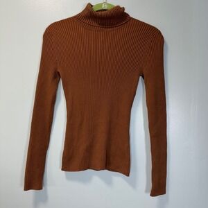 Chico's Silk Cotton Blend Ribbed Turtleneck Sweater Terracotta Brown Size Small